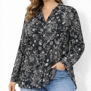 Fashion Bug Top Womens Plus‎ Size L Tunic Sheer Button Up Shirt  Black White  Lq